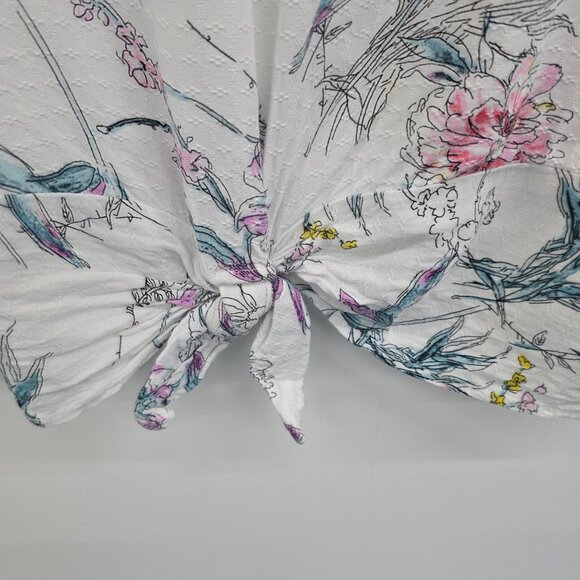 Buffalo David Bitton Womens XL Floral Tie-Front Top White Pink Short Sleeve - Picture 6 of 14